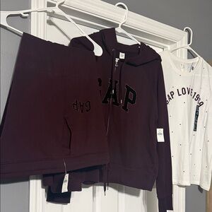 GAP Dark Burgundy Hoodie/pants and White Tee. All new with tags.